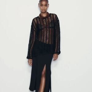 Zara Black Crochet Open Knit Sweater - Size Medium